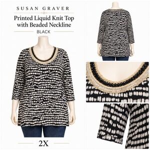 Susan‎ Graver Black White Printed Liquid Knit Beaded Neckline Tunic Top 2X NEW